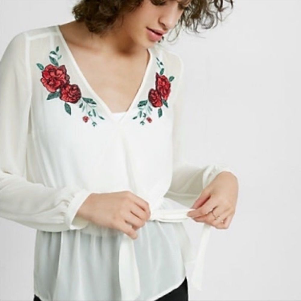 NWT- Express Embroidered Rose Wrap Peplum Chiffon Top